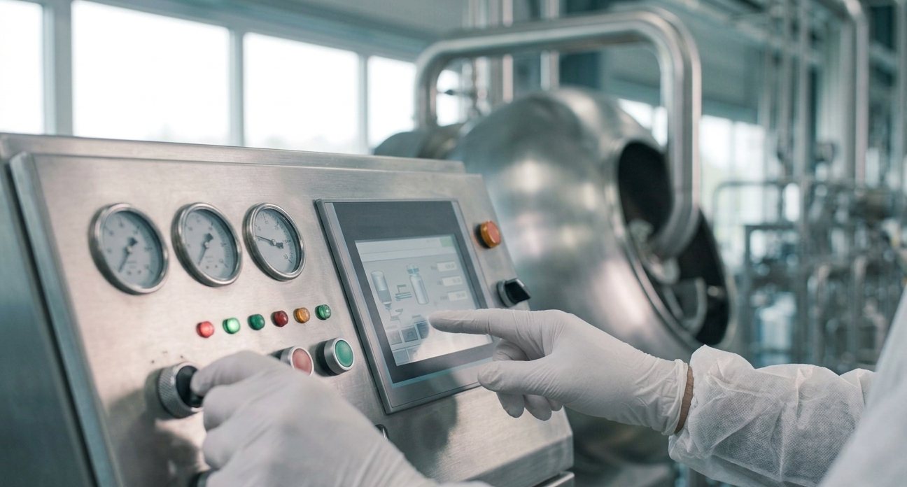 Technician at a process equipment control panel